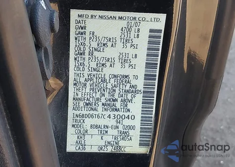 2007 Nissan Frontier Xe z USA, uszkodzony, nr VIN 1N6BD06T67C430040